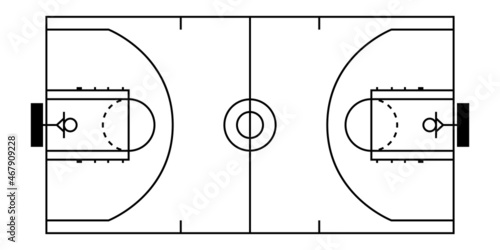 Top view basketball court black and white drawing image. Clipart image