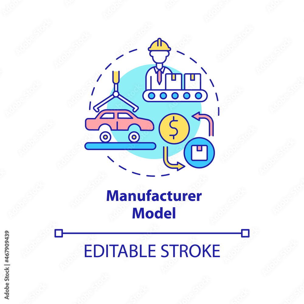 Manufacturing model concept icon. Factory production of automobiles. Products distribution. Business model abstract idea thin line illustration. Vector isolated outline color drawing. Editable stroke