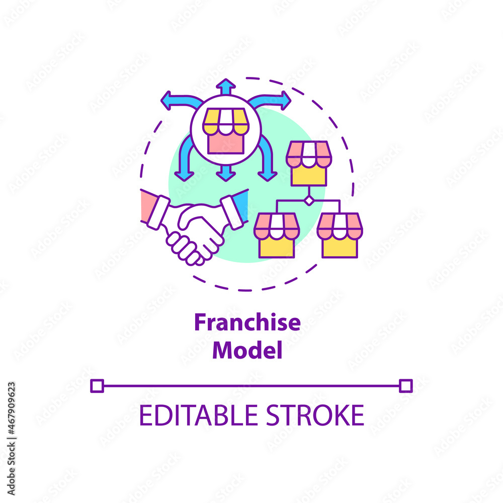 Franchise model concept icon. Expanding company internationaly. Trade with partner. Business model abstract idea thin line illustration. Vector isolated outline color drawing. Editable stroke Franchise model concept icon. Expanding company internationaly. Trade with partner. Business model abstract idea thin line illustration. Vector isolated outline color drawing. Editable stroke
