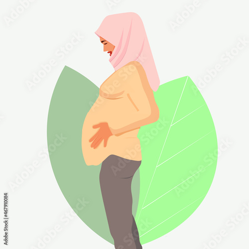 Traditional Muslim girl, pregnancy and childbirth. A pregnant woman in a hijab and a national costume. Flat vector illustration.