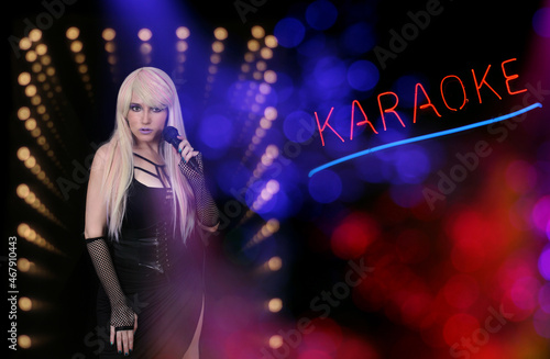 Female Karaoke Singer with 1980s fashion and Neon Sign