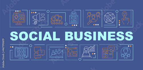 Social business navy word concepts banner. Enterprise type. Infographics with linear icons on cyan background. Isolated creative typography. Vector outline color illustration with text