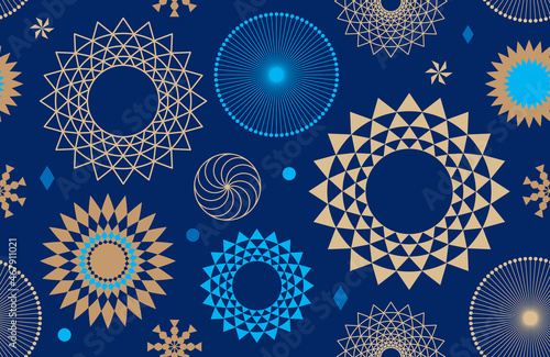 Abstract New Year pattern. Golden christmas snowflake on dark blue background. Seamless ornament for decor, wallpaper, gift paper and design of New Year's souvenirs