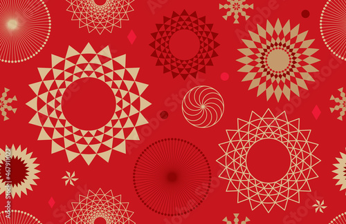 Golden christmas snowflake on red  background. Abstract New Year pattern. Seamless ornament for decor, wallpaper, gift paper and design of New Year's souvenirs