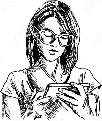 Hand sketch of young woman with smart phone. Vector illustration.