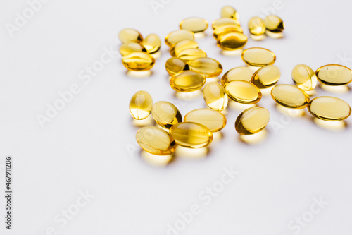 Omega 3 fish oil capsules isolated on white background