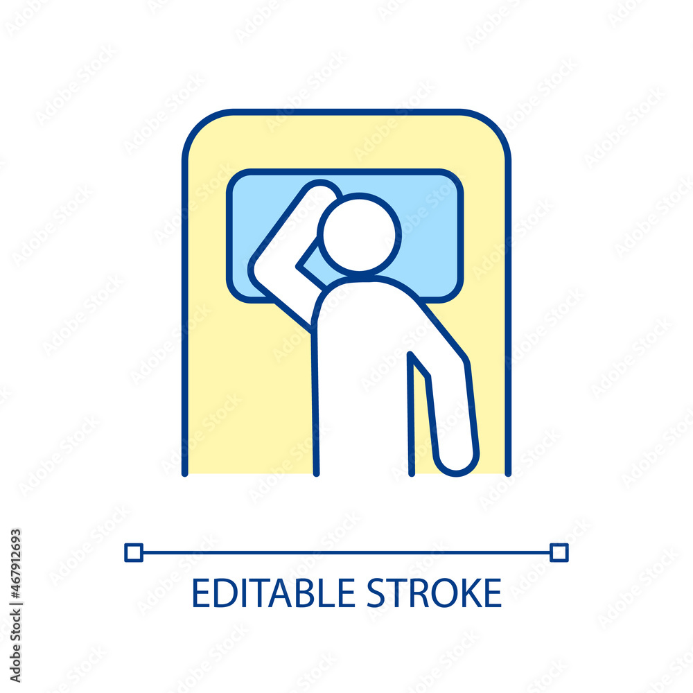 Personal sleeping pose peference RGB color icon. Individual posture during sleep. Spinal health. Healthy position. Comfortable rest. Isolated vector illustration. Simple filled line drawing Personal sleeping pose peference RGB color icon. Individual posture during sleep. Spinal health. Healthy position. Comfortable rest. Isolated vector illustration. Simple filled line drawing