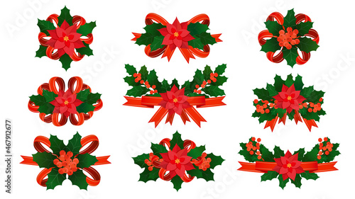 Set of christmas ribbons decorations with red bows, holly green branches and poinsettia flowers. Vector Xmas elements collection of red ribbons with holly leaves and berries at various design isolated