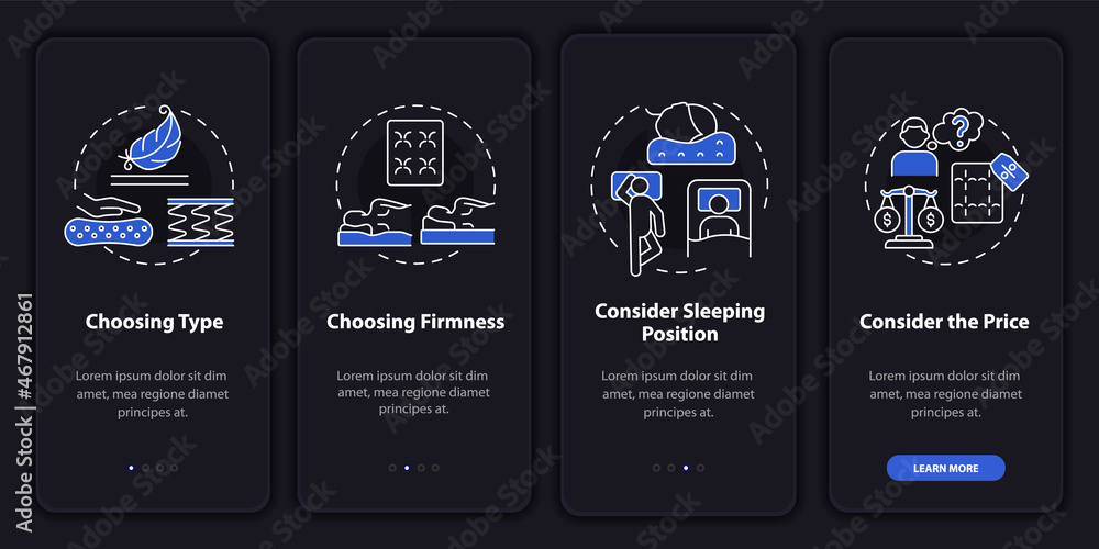 Selecting mattress dark onboarding mobile app page screen. Choose firmness walkthrough 4 steps graphic instructions with concepts. UI, UX, GUI vector template with linear night mode illustrations