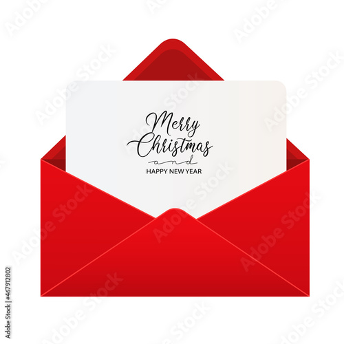 Holiday christmas greeting card in red open envelope. Vector illustration of xmas letter in envelope isolated on white