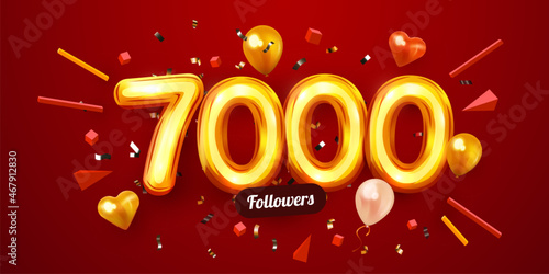 7k or 7000 followers thank you. Golden numbers, confetti and balloons. Social Network friends, followers, Web users. Subscribers, followers or likes celebration.