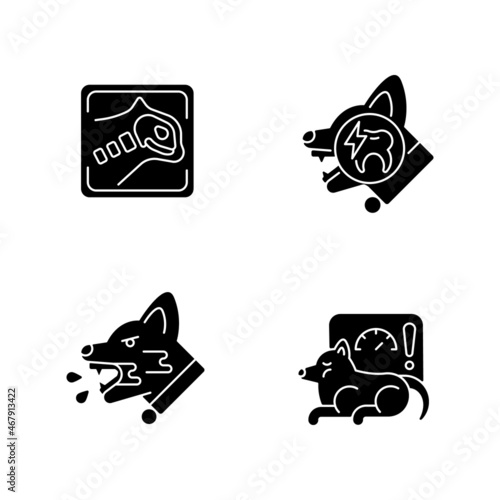 Pet treatment black glyph icons set on white space. Domestic animals illness. Common and dangerous diseases. Medical veterinary examination. Silhouette symbols. Vector isolated illustration