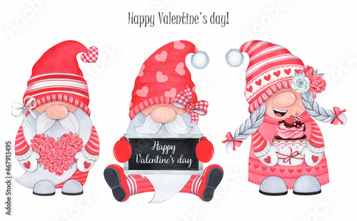 Cartoon Valentine gnomes on a white background. The love of the gnomes. Watercolor illustration. Greeting card.