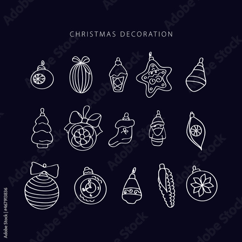 Christmas decoration line vector. Isolated icon set. Outline symbol collection. Vintage background.  Traditional holiday symbol.