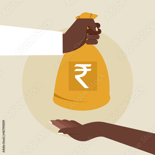 A hand holding a money bag and other hand receiving it