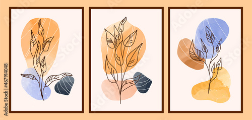 Watercolor painting set. Room decoration, art. Abstract, minimalistic pictures. Nature, flowers, leaves, branches. Poster, banner Cartoon flat vector illustrations isolated on gold background