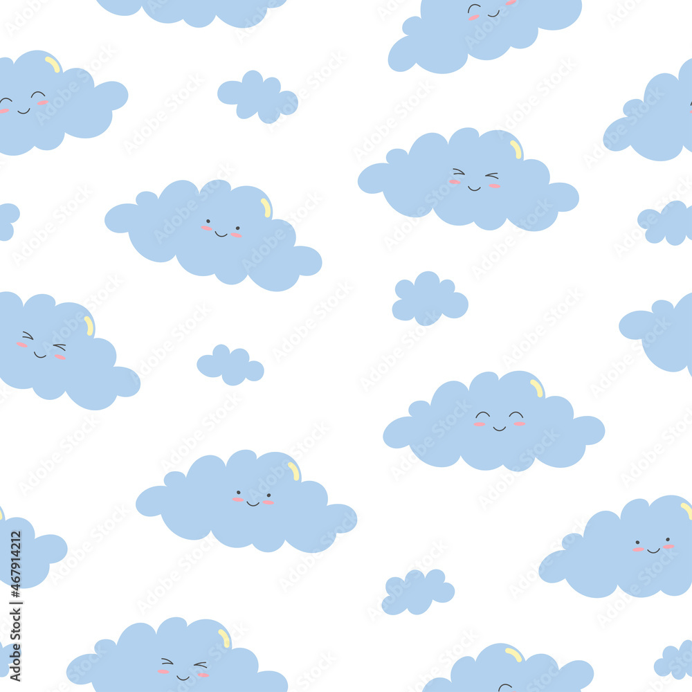 Cute smiling cloud seamless pattern. Cartoon character in flat style. Vector illustration