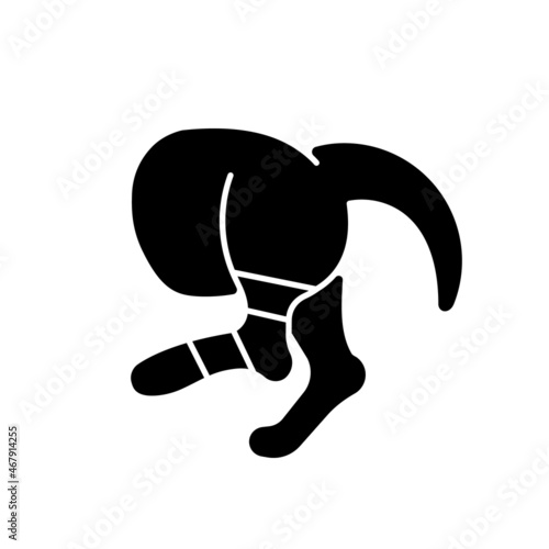 Pet sprain black glyph icon. Animal with hurt limb. Hips and thighs strains. Joints and bones injury. Ligament stretching and tearing. Silhouette symbol on white space. Vector isolated illustration