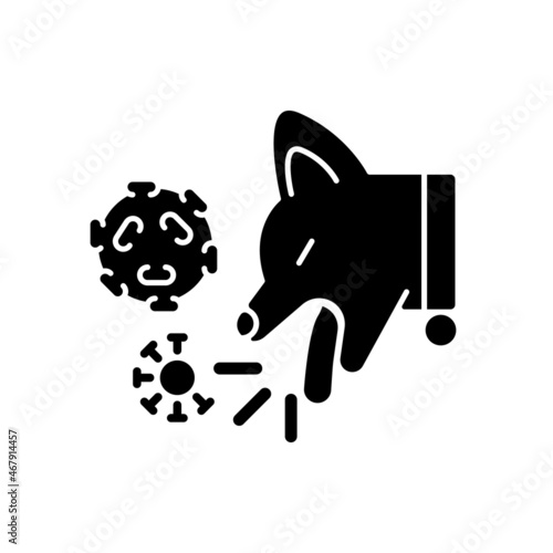 Kennel cough black glyph icon. Dogs infectious bronchitis. Pet respiratory system affecting disease. Bacteria and virus caused illness. Silhouette symbol on white space. Vector isolated illustration