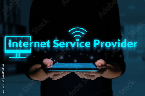 Business acronym ISP or Internet Service Provider. Person holding a tablet photo