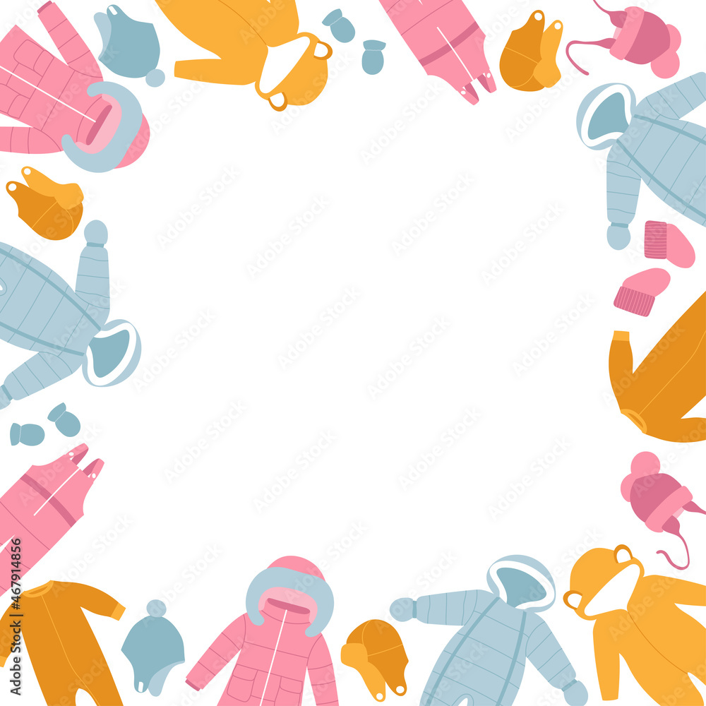 Winter baby clothes frame. Winter coat, overalls, snow suit, jumpsuit, hats and mittens. Doodle style. Isolated vector illustration. Winter baby clothes frame. Winter coat, overalls, snow suit, jumpsuit, hats and mittens. Doodle style. Isolated vector illustration.