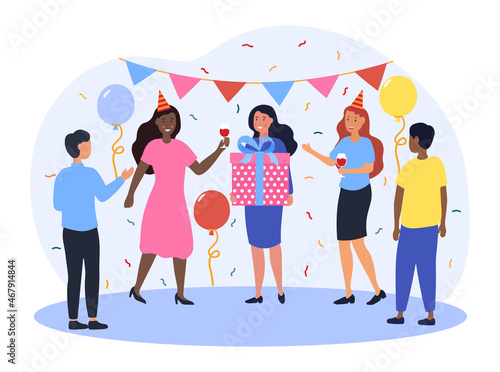 Concept of celebrating. Employees celebrate colleagues birthday. Party for friends. Rest, holiday, congratulations. Woman hold gift box having fun, colorful confetti. Cartoon flat vector illustration