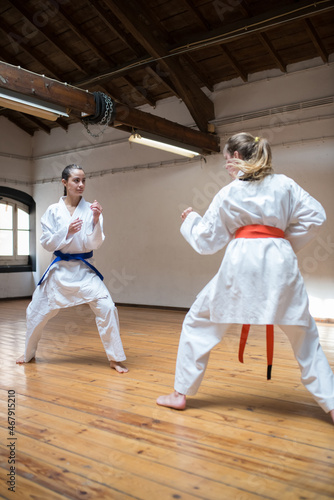 Motivated young women at karate practice. Attractive women in white clothes with blue and red belts standing in combative positions, practicing attacking. Sport, healthy lifestyle concept