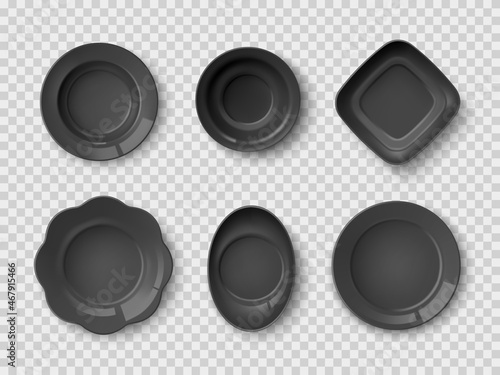 Realistic black dishes. Dark color plates top view, restaurant food serving mockup, clean empty ceramic dining porcelain different shapes, vector 3d tableware isolated set
