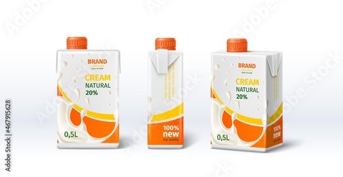 Milk packaging design. Realistic cream box. Different view angles container with screw cap. Lactic culinary product template. Cardboard pack for branding. Vector dairy drink package set