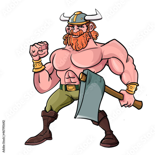 Cartoon muscled Viking with a horned helmet and axe