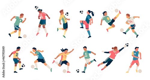 Soccer players. Guys and girls athletes in dynamic poses  football team players with balls  batting and training people  goalkeeper sports uniform  vector flat cartoon isolated set
