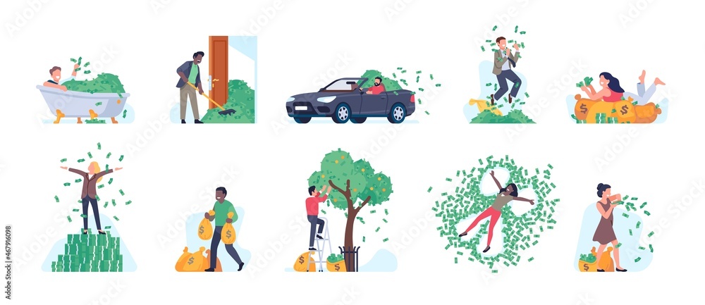 People with money. Rich characters. Men and women throwing banknotes. Financial success. Millionaire swimming in dollars. Successful businessman with fortune. Vector wealthy persons set People with money. Rich characters. Men and women throwing banknotes. Financial success. Millionaire swimming in dollars. Successful businessman with fortune. Vector wealthy persons set