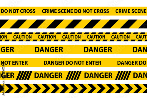 Danger, caution and warning seamless tapes. Black and yellow police stripe border. Crime vector illustration.