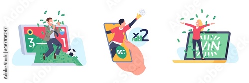 People sports betting. Online bookmaking scenes. Gambling players. Women and men throw banknotes. Big win and happy winners. Mobile application for bet makers. Match score. Vector concept