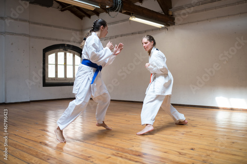 Enthusiastic young women at karate practice. Attractive women in white clothes with blue and red belts standing in combative positions, practicing attacking. Sport, healthy lifestyle concept