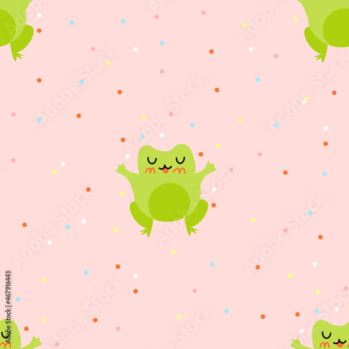 Cute cartoon frogs with confetti. Enamored green toads. Vector animal characters seamless pattern of amphibian toad drawing.Childish design for baby clothes  bedding  textiles  print  wallpaper.