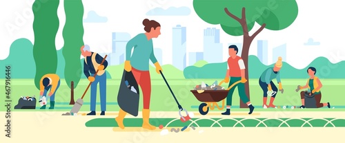 Collective city park garbage collection. People cleaning trash. Volunteers sort waste. Environmental concern. Ecology care. Men and women picking rubbish in parkland. Vector concept