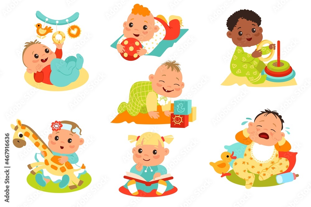 Babies playing with toys. Multinational funny kids with rattles and cubes. Playful children holding balls and pyramids. Happy and crying toddlers. Girl with book. Vector infants set