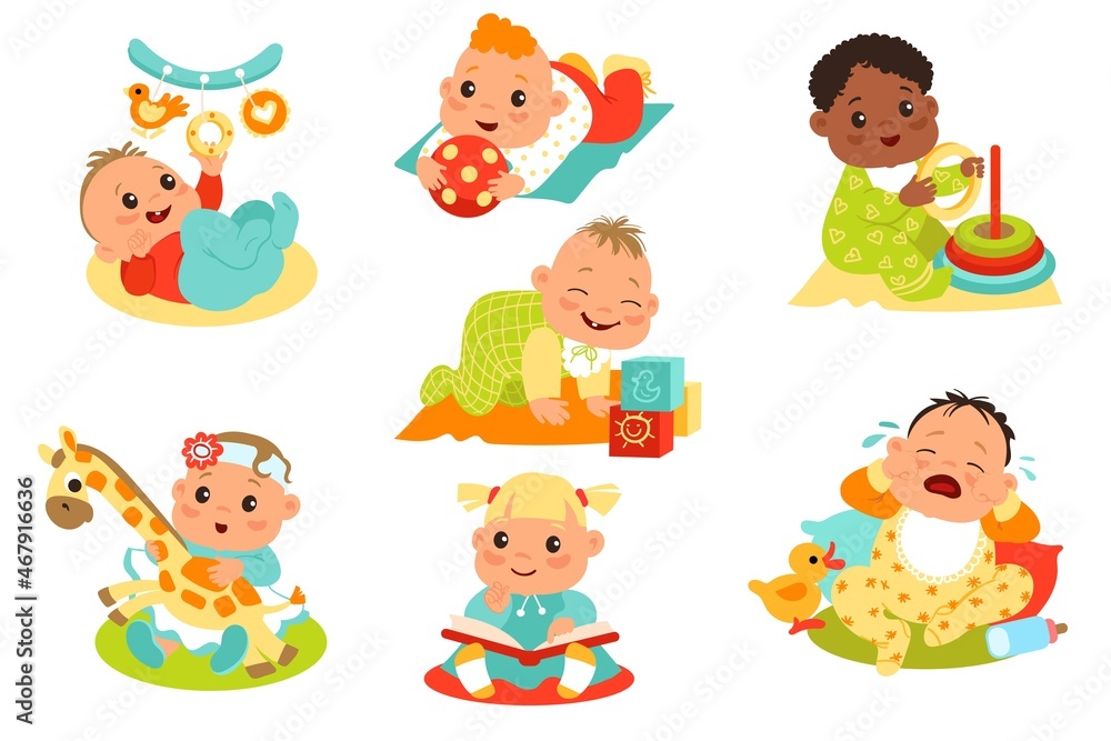 Babies playing with toys. Multinational funny kids with rattles and cubes. Playful children holding balls and pyramids. Happy and crying toddlers. Girl with book. Vector infants set Babies playing with toys. Multinational funny kids with rattles and cubes. Playful children holding balls and pyramids. Happy and crying toddlers. Girl with book. Vector infants set