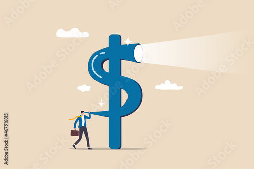 Financial vision or investment opportunity discovery, future inflation or interest rate forecast, economic or stock market prediction, smart businessman look into dollar sign telescope to see future.