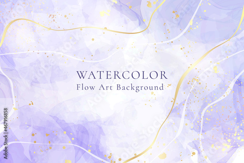 Purple lavender liquid watercolor background with golden lines. Pastel violet marble alcohol ink drawing effect. Vector illustration design template for wedding invitation, menu, rsvp