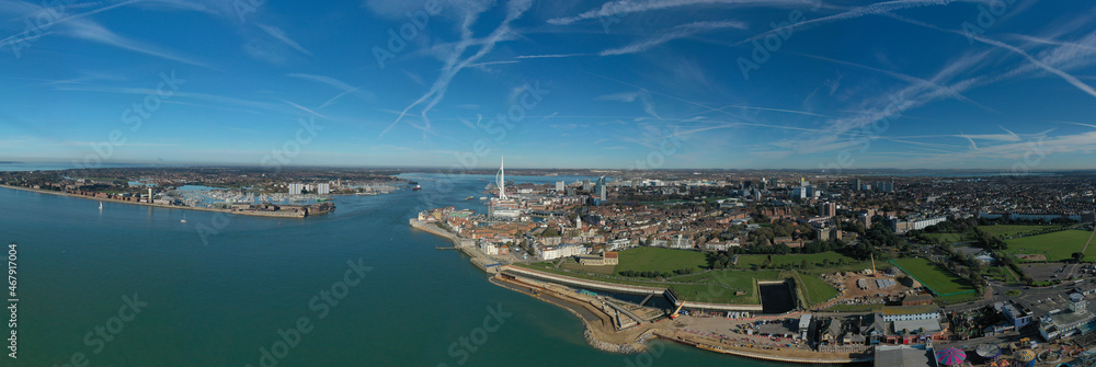 Fototapeta premium Portsmouth City aerial pano with Spice Island next to the entrance to the harbour and the Spinnaker Tower in view. Aerial panorama.