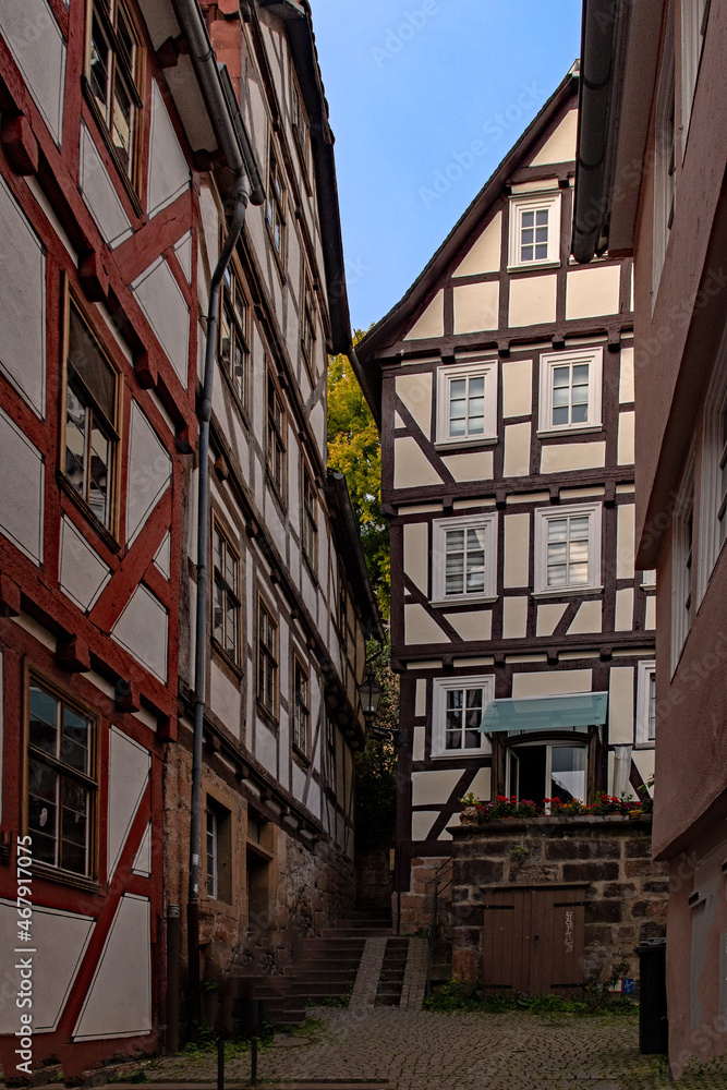 Fachwerkhäuser in der Altstadt von Marburg in Hessen, Deutschland