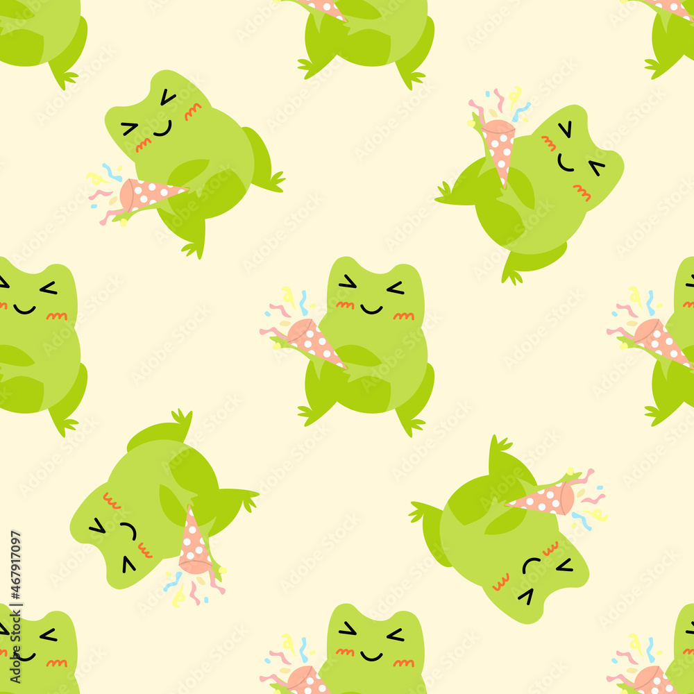 Obraz premium Cute cartoon frogs with party popper with serpantin. Enamored green toads. Vector animal characters seamless pattern of amphibian toad drawing.Childish design for baby clothes, bedding, textiles.