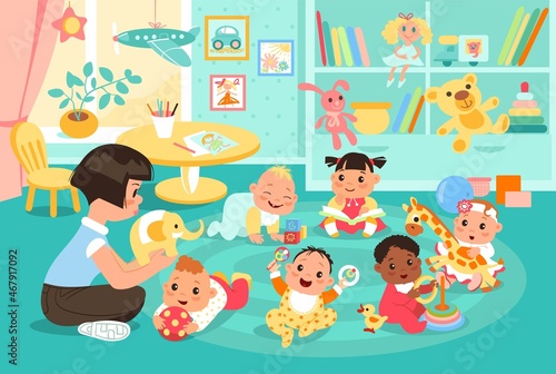 Kindergarten with babies. Educator younger group with children. Toddlers nanny. Kids games and activities in nursery. Cute infants play with pyramids and balls. Vector playroom concept