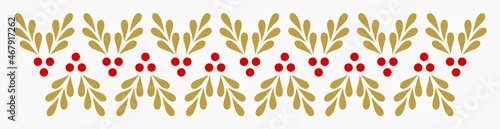 Christmas holly mistletoe plant leaves and berries gold border.