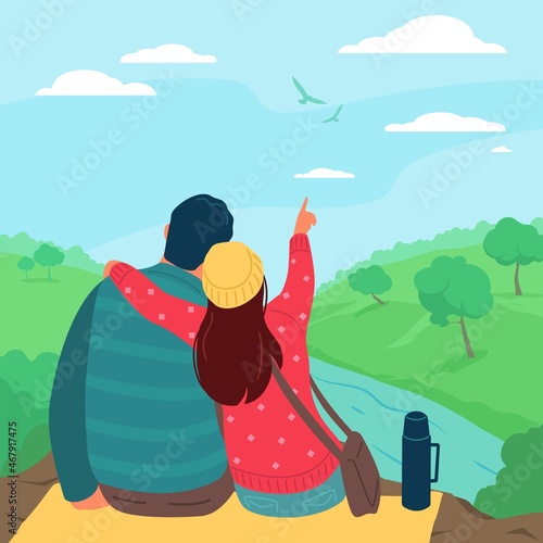 Back view hugging couple. Lovers sitting and embrace. People admiring nature on picnic. Romantic atmosphere. Guy and girl walking outdoor. Travelers looking into distance. Vector concept