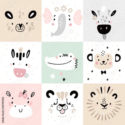 Cute animals posters. Funny safari fauna faces, cartoon square kids cards with wildlife characters, zebra and crocodile, giraffe and elephant, tiger and lion childish animal portrait, vector set