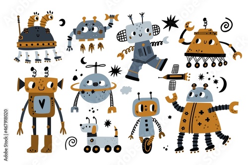 Cute robots. Funny comic robotic characters. Kids playroom decor. Boys nursery theme. Cartoon futuristic space automations. Children mechanical metal toys. Vector android mascots set