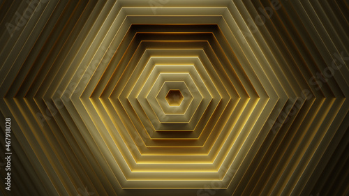 Gold concentric hexagons 3D rendering